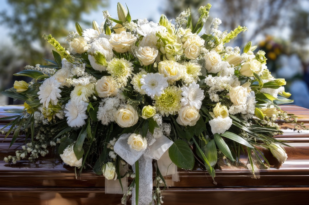Sarg mit weißem Blumenschmuck bei einem Gedenkgottesdienst im Freien.