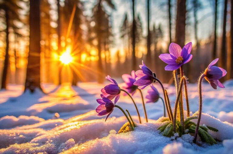 Nahaufnahme Sonnenaufgang Winterblüte violette Blumen verschneite Waldlandschaft